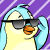 Animated contact sheet of a cartoon penguin character wearing sunglasses, displayed in a 5x5 grid with purple striped background.