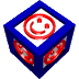 A 5x5 contact sheet of animated frames showing a blue cube with red smiley faces on white and gray surfaces, rotating through multiple angles against a gray background.
