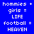 Static pixel art with four colored sections displaying identical text: 'homnies + girls = LIFE football = HEAVEN' in white block letters