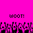 Pixelated animation of multiple black figures with raised arms against a bright pink background, displaying 'WOOT!' text twice.