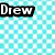 Static image with three instances of the text 'Drew' on a light blue and white checkered background, one in each corner.