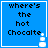 Blue square with pixelated text 'where's the hot Chocalte' and a white bottle icon, four identical arranged in a