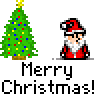 Pixel art contact sheet of 8 animated Christmas-themed buddy icons featuring Santa Claus, children, and decorated trees with text bubbles.