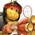 Pixelated cartoon character with yellow face, red headband, and orange outfit holding a tennis racket against white background.