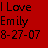 A split-screen image with red and black backgrounds displaying 'I Love Emily 8-27-07' text above a pixelated photo of two people kissing.
