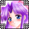 Pixelated anime-style character with purple hair and blue eyes, framed by black-and-white geometric border elements.