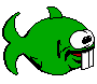 Green cartoon fish with large eyes and white teeth in various poses on gray background.