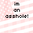 Pixelated text 'im an asshole!' on a pink and white striped background with small white dots.