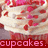 Pixelated cupcake with white frosting and red sprinkles, overlaid text reads "cupcakes are so... YUMMY!" in bold red letters.