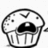 A pixelated black-and-white icon shows a cupcake with a face and a speech bubble containing text.