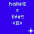 Blue background with repeated light green text and symbols arranged in a pattern, featuring animated pixel effects