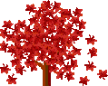 Animated contact sheet showing three sequential frames of a red-leafed tree with falling leaves against a gray background.