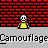 Pixel art animation of three figures against red brick wall with gray ground, repeating text "Camouflage" below each frame.
