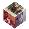 A rotating cube displays multiple vintage group photographs on its faces, showing people in formal attire against varied backgrounds.