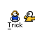 Pixel art of two characters: a blue-shirted figure with brown hair and a yellow-shirted figure with white hair, arranged in a with text labels above and below