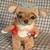 Pixelated static image of a small dog wearing a red harness against a blurred background.