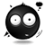 Black spherical character with large white eyes, small mouth, and antennae-like protrusions on top; six variations show eye pupil changes across frames.