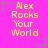 Yellow text "Alex Rocks Your World" on bright pink background with green and gray star-shaped pixel clusters at corners.