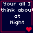 Four identical dark blue with red borders display white pixelated text reading "Your all I think about at Night" and a single red heart icon in the bottom-right corner of each