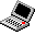 Six pixelated laptop icons arranged in two , each with a checkered keyboard and colored screen displays