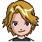 Pixel art character with blonde hair and blue eyes in nine expressions: neutral, closed eyes smiling, open mouth smile, winking, and various eye states.