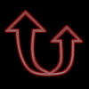 Two red neon-style arrow icons on black background, one faded and one bright with glow effect.