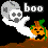 Animated Halloween-themed buddy icon featuring a white ghost, orange pumpkin, and gray moon with