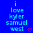 Blue background with light blue pixelated text reading 'i love kyler samuel west' and a small red heart symbol.