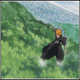 A character with orange hair and black clothing performs a high jump, lands on water creating splashes, then stands in a field with green hills.