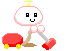 Pixelated character with white rounded head, black eyes, yellow antenna, and red body parts on gray background.