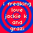 Four identical circular icons with red background and blue concentric rings, each displaying white text reading 'i freaking love jackie k and grazi' in pixelated font.