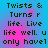 Pixelated text on a blue-to-pink gradient background with four identical showing the phrase "Twists & Turns r life. Live life well. u only havel"