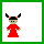 Pixel art character in red robe with black horns and green face, surrounded by evolving text fragments forming 'my sushi' then '.tk' and 'yay!' on white background.