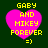 Four identical pixelated heart-shaped icons with yellow text on a dark green background, each displaying 'GABY AND MIKEY FOREVER =)' in a retro digital style.