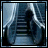 A static image of a dark blue staircase with white railings, viewed from below, with containing text overlays