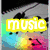 A four- of pixelated images with yellow text overlays reading 'music', 'is', and 'life' over colorful backgrounds including a speaker, abstract shapes, and audio equalizers