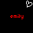 Pixelated white heart symbol above two red 'emily' text instances on black background.