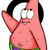 Pink starfish character with black hair, green and purple shorts, raised arm, wide eyes, smiling mouth in four