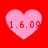Four pink heart shapes on a red background, each containing the text '1.6.09' in red pixelated font.