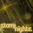 repeated 'starry nights.' text overlays on a dark yellow and brown patterned background with animated starbursts