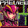Pixel art character with pink and yellow helmet, gray armor, and serious expression under 'PREVIEW' text.