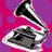 Animated gramophone icon with metallic silver and black tones, displayed in four quadrants against colored backgrounds.
