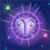 Pixelated static icon depicting a stylized zodiac symbol with purple and blue hues against a dark background, featuring radiating lines and small glowing elements.