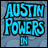 Animated contact sheet of an Austin Powers-themed buddy icon featuring text frames and two cat character frames with a blue patterned background.