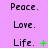 A static image with a purple background displays repeated text phrases and green symbols in three