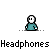 Pixel art animation of a teal-shirted figure with white face and black hair, showing head movements while text bubbles display dialogue about headphones.