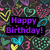 Pixelated birthday icon with purple text on black background surrounded by colorful heart shapes.