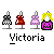 Pixel art of four identical showing a character named Victoria with changing clothing and speech bubbles, each containing four variations of the character