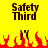 Yellow background with dark brown text reading Safety Third above red and orange pixelated flames, two identical static frames shown side-by-side.
