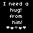 Black background with white pixelated text reading "I need a hug! from him!" and five heart symbols below, where the third heart changes color between frames.